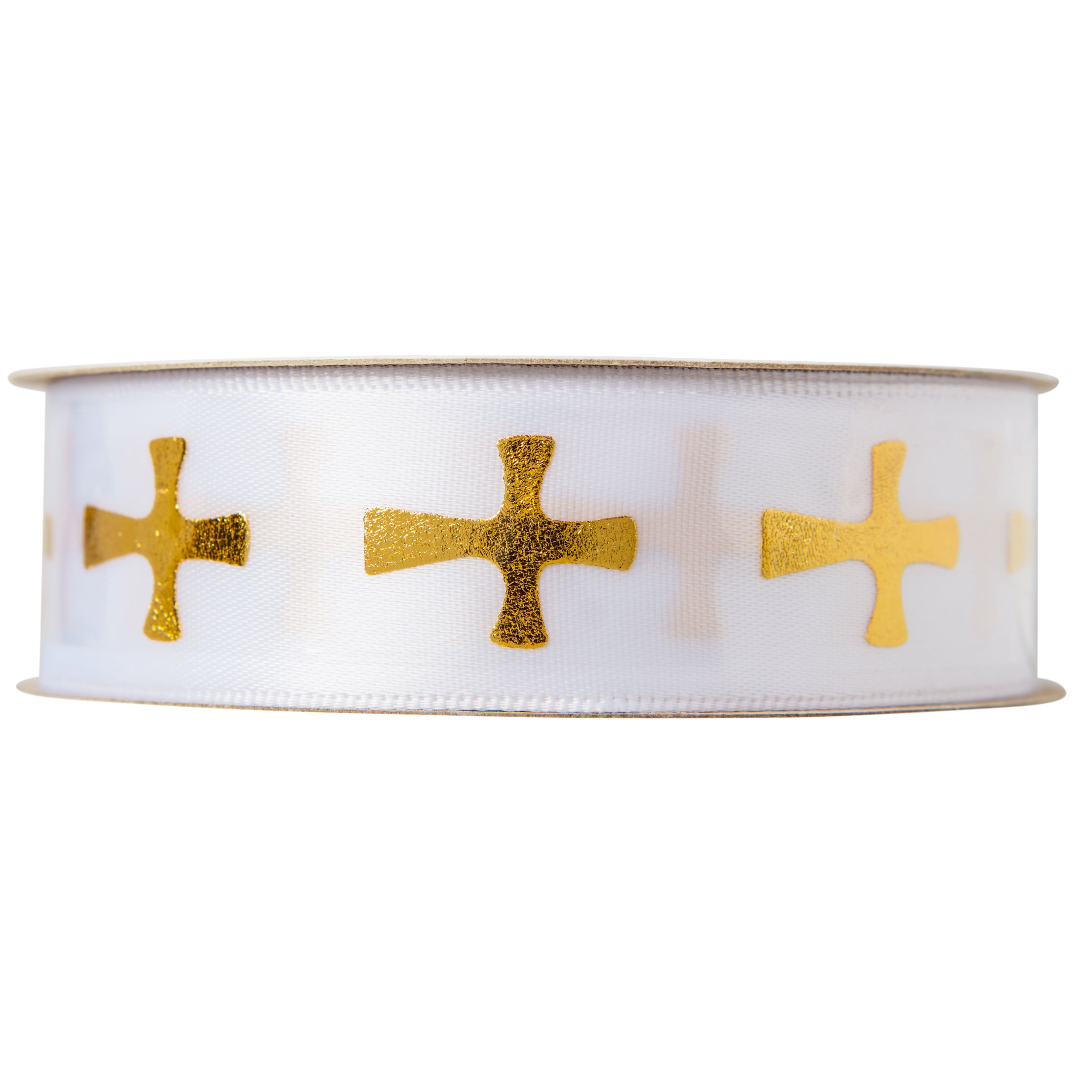 Offray Ribbon, White with Gold Cross 7/8 inch Polyester Ribbon,, 9 feet