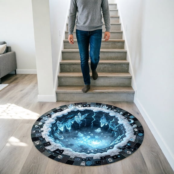 3D Dark Abyss Optical Illusion Round Rug Glowing Crystal Cave Pattern Floor Mat For Living Room Bedroom Halloween Decor 23.6 Inch