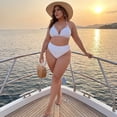 thumbnail image 3 of Agnes Orinda Women's Plus Size Bikini Set Ribbed Two Piece Bathing Swimsuits Halter Pearl Strap Triangle Top with High Waisted Shorts 1X White, 3 of 8
