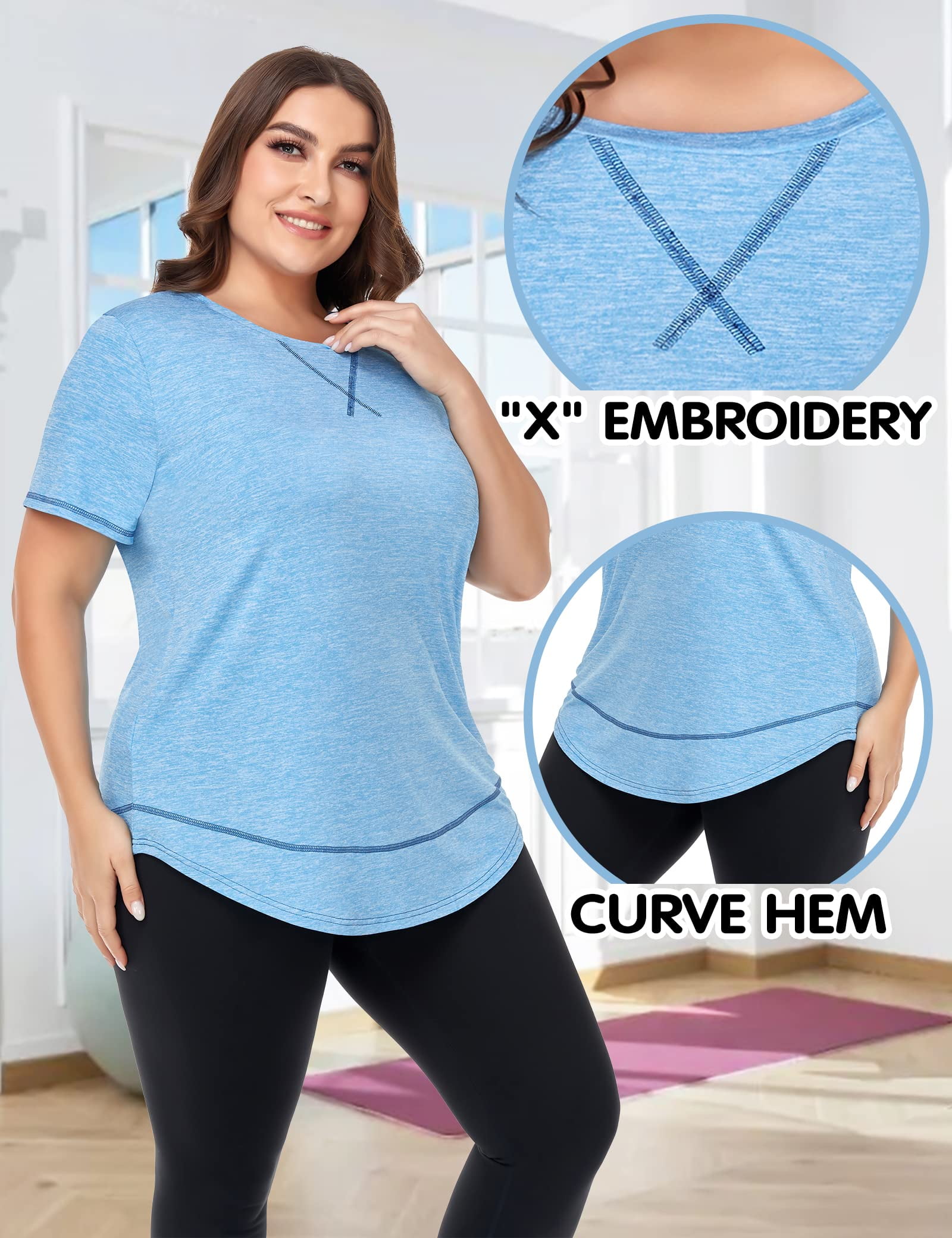 TIYOMI Plus Size Women's Blue Tops 2X Crewneck Exercise Tunics