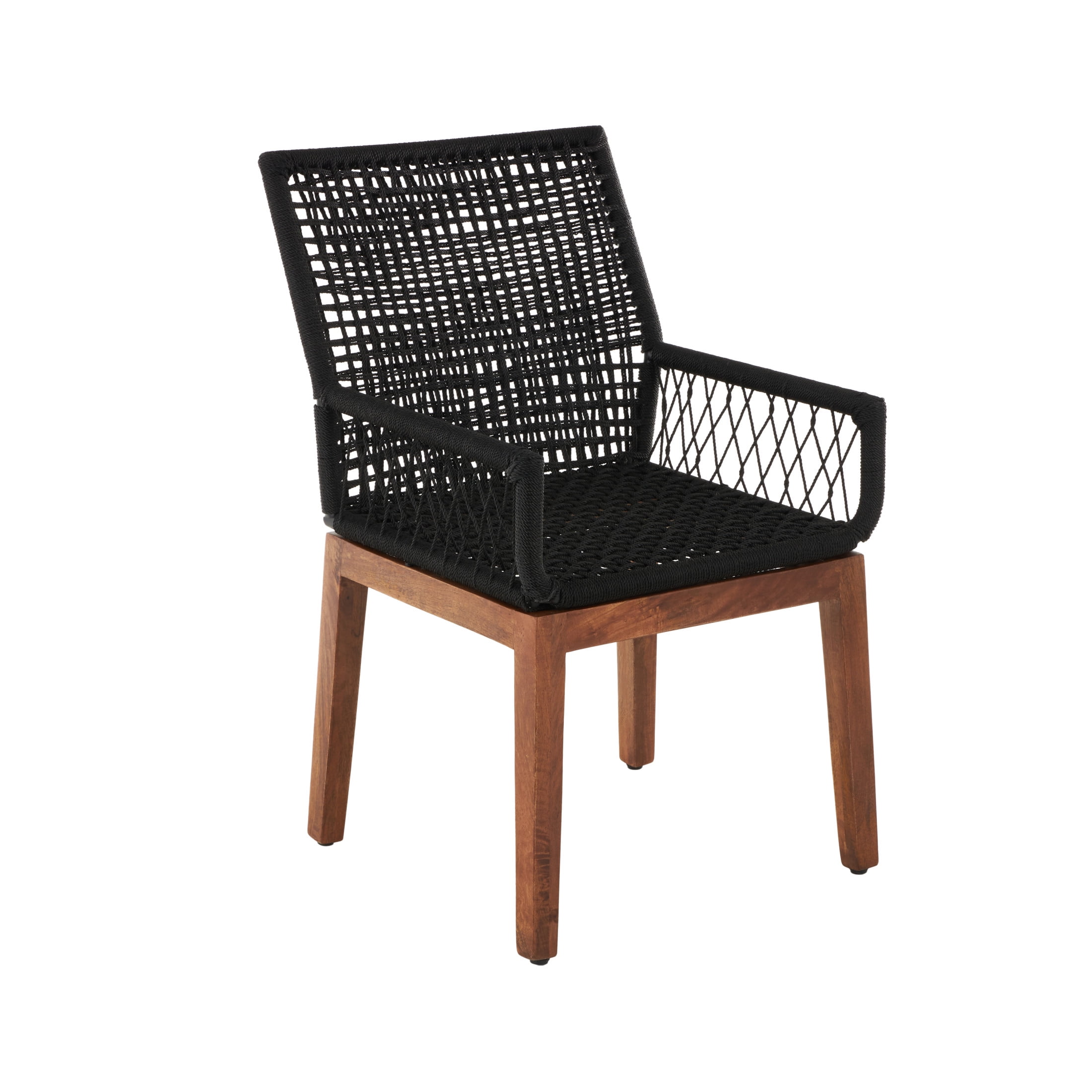 DecMode Jute Rope Handmade Woven Lounge Chair with Brown Wooden Legs, Black