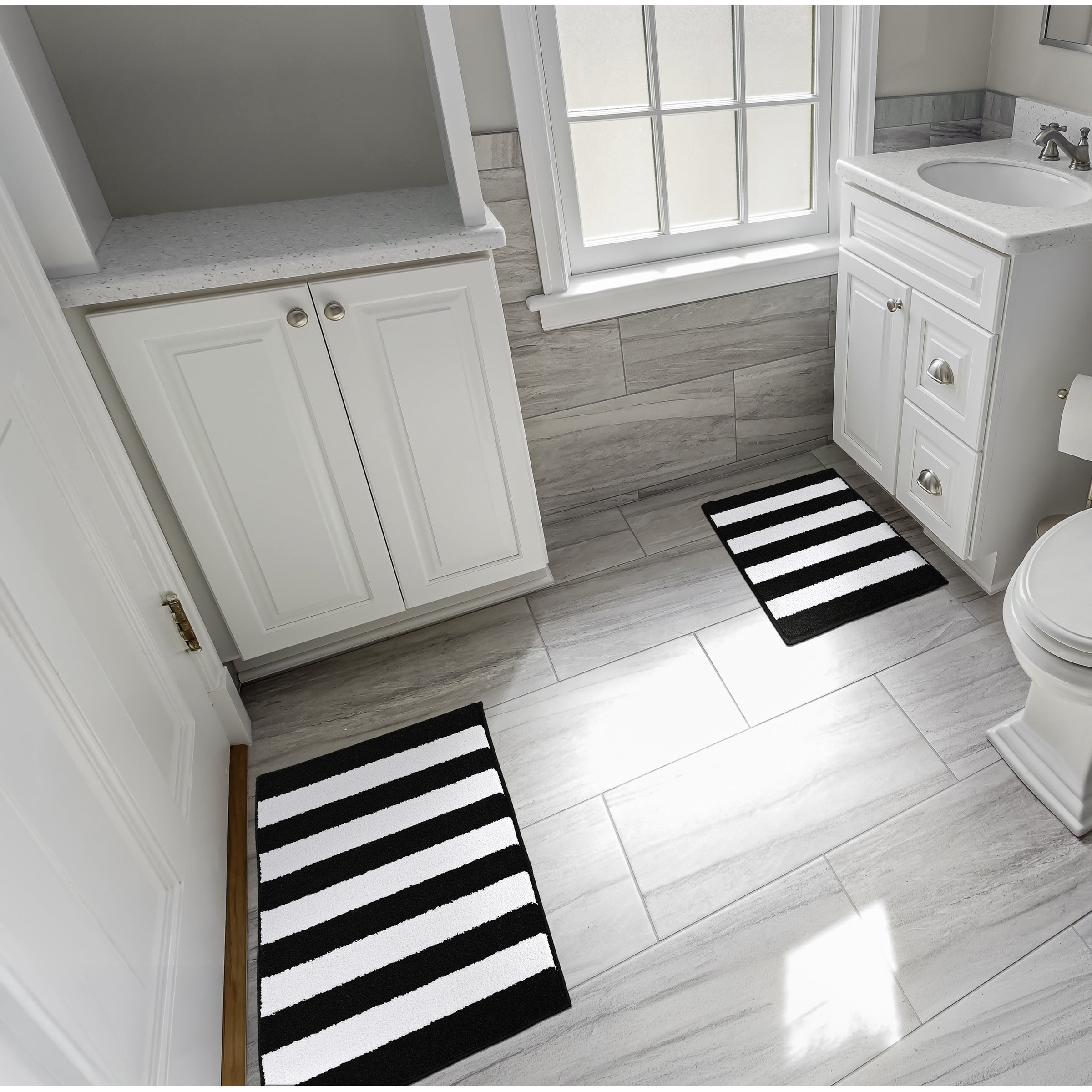 Garland Rug Beach Stripe Washable Bath Rug Set, 2 Piece Set (17"x24" Bath Rug, & 21"x34" Bath Rug) Black/White
