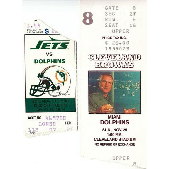 Lot of 2 1990 Miami Dolphins road game win ticket stubs (Dan Marino)