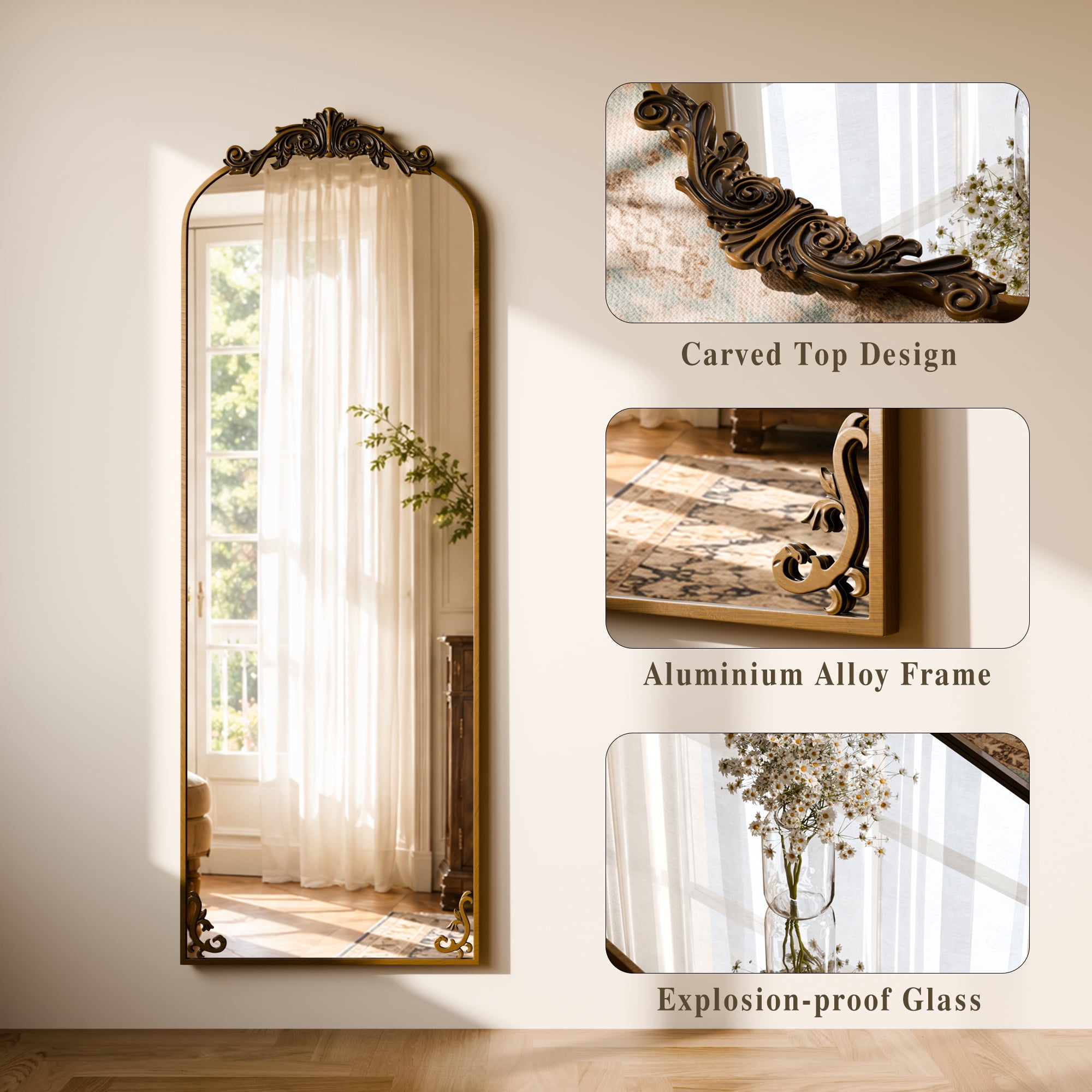 ‌Auromir‌ 24"x70" Vintage Arched Full Length Mirror Antique Metal Floor Mirror with Baroque Style, Antique Bronze