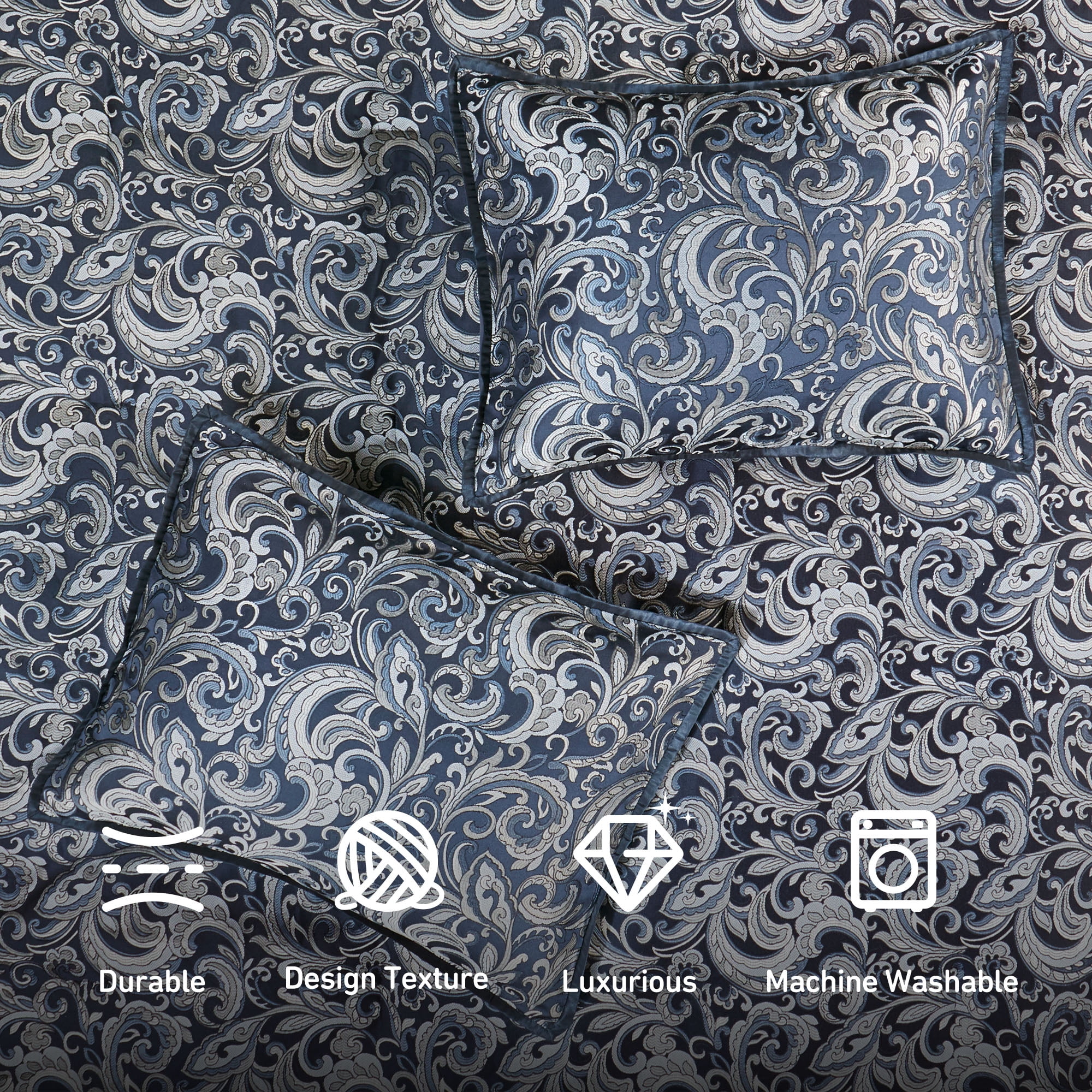 Regency Heights 8 Pieces Jacquard Comforter Set with Bedskirt and Decor Pillows, Queen, Navy