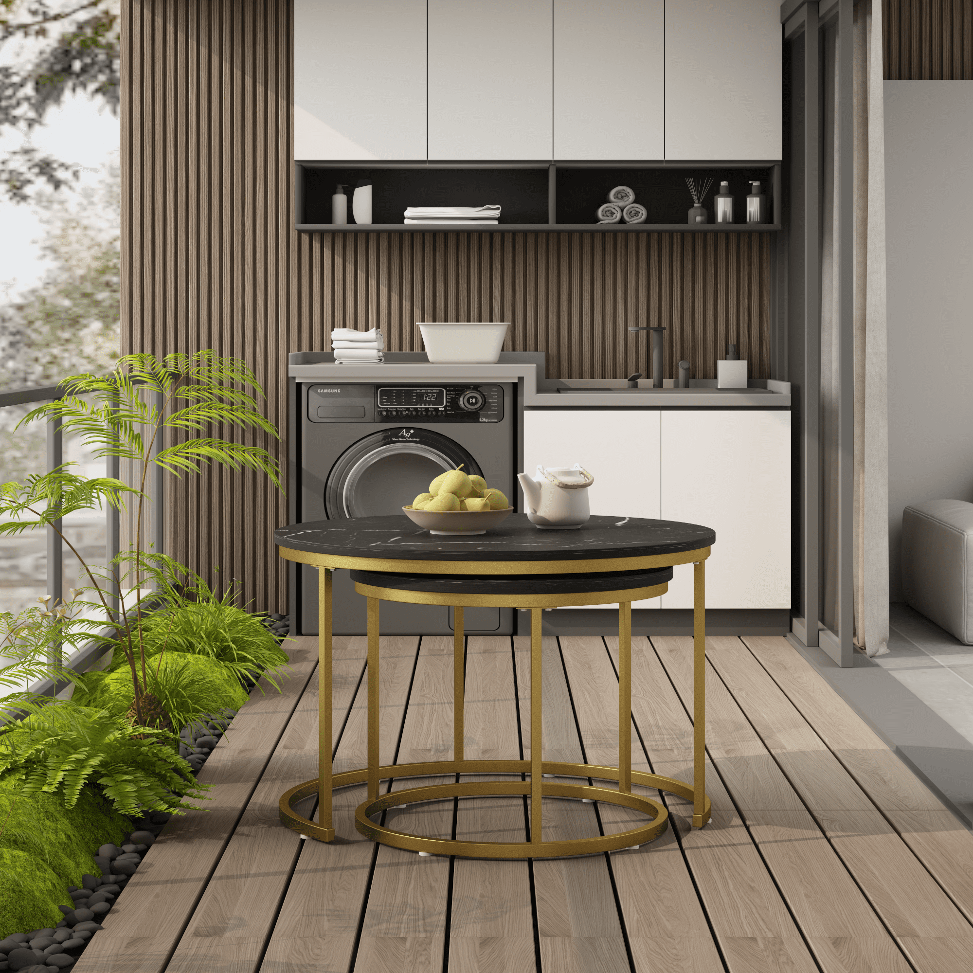 27.6in Nesting Coffee Table Set of 2, Round Coffee Table Wood Marble Pattern Top with Sturdy Metal Frame, End Table Side Tables for Living Room Bedroom Balcony Yard (Black)