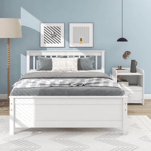 Full Size White Wood Platform Bed With Slatted Headboard And Footboard