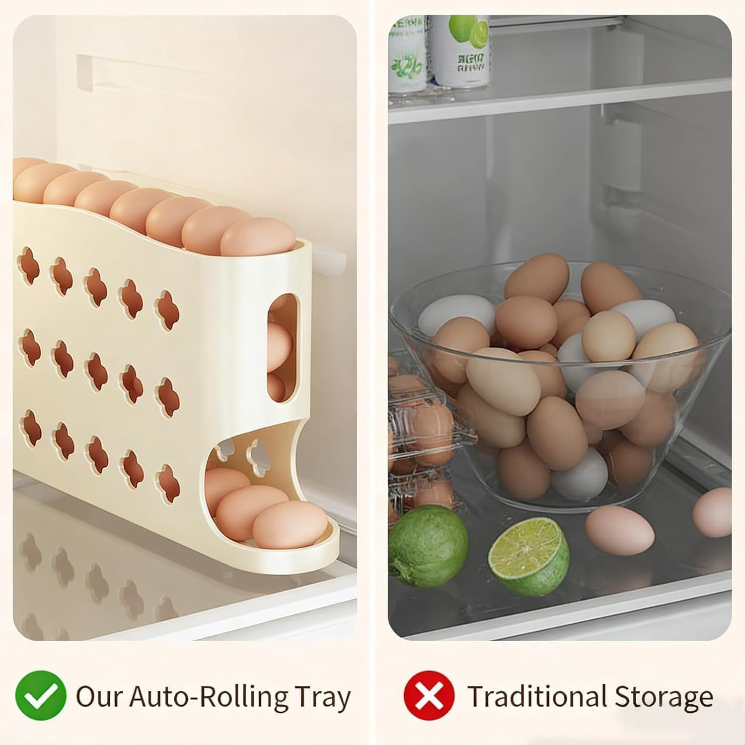 Egg Holder for Fridge, Eggs Dispenser Auto Rolling for 30 Eggs, Space-Saving Egg Organizer Storage Container Tray for Countertop Refrigerator （Yellow, 2PC)