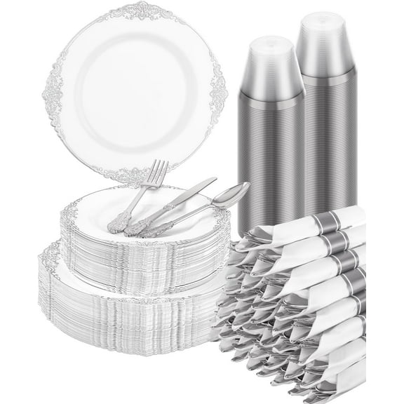 350 Piece Silver Plastic Dinnerware Set for 50 Guests, Fancy Disposable Plates, Include: 100 Silver Rim Plastic Plates, 150 Silverwares, 50 Pre Rolled Napkins, 50 Cups for Party, Wedding
