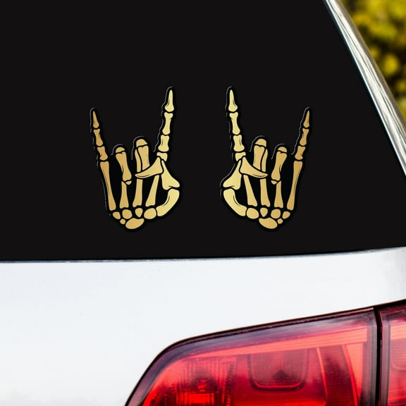 Rock On Gold Chrome Skeleton Hands Decals - Set of 2 5" Horns Up Skull Hand Vinyl Stickers for Car Truck Window Bumper