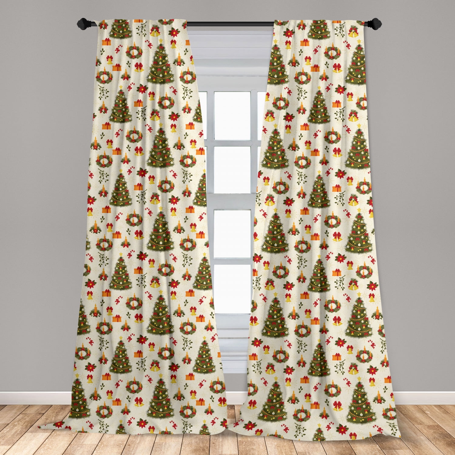 Christmas Tree And Xmas Balls Kitchen Curtains Window Drapes 2 Panels Set 55*39" 