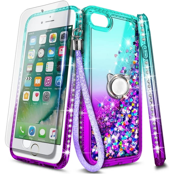 Nagebee Case for iPhone 8 Plus, 7 Plus / 6 Plus / 6S Plus with Tempered Glass Screen Protector, Sparkle Glitter Liquid Bling Diamond [Ring Holder & Wrist Strap] Women Girls Cute Case (Aqua/Purple)