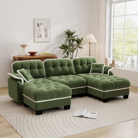 Aenkyo 100" Chenille Modular Sectional Sofa with 2 Movable Ottomans, 3-Seater, Green