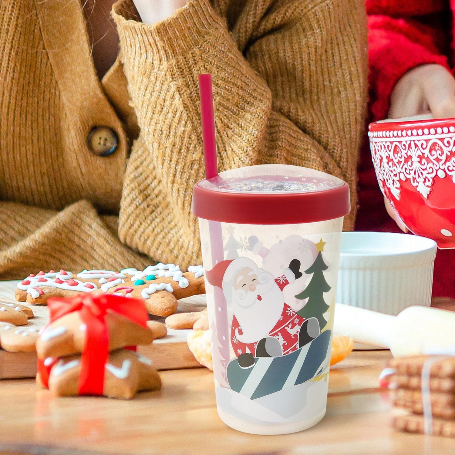 Gobelet à paille en plastique rouge Holiday Time, 8,9 cm x 8,9 cm x 18 cm, 1 pièce