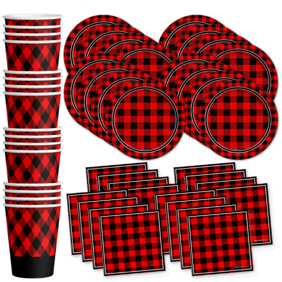 Buffalo Plaid Birthday Party Supplies Set Plates Napkins Cups Tableware Kit for 16