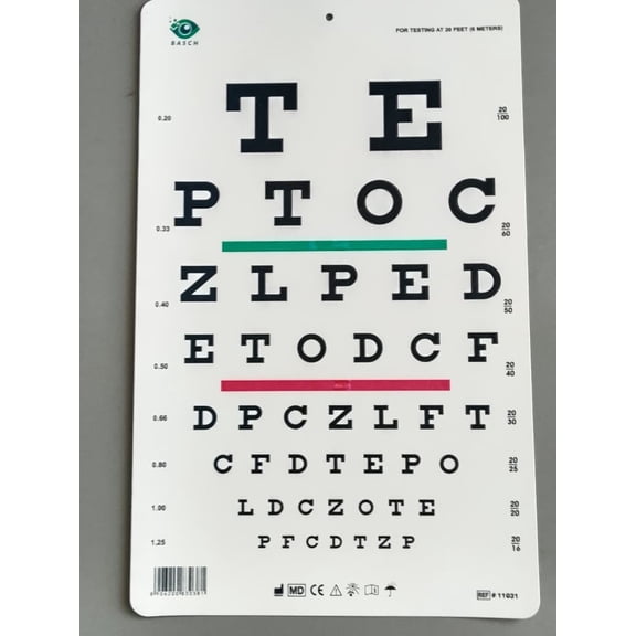 BASCH Snellen Chart with Red Green Bar Visual Acuity Test 6m / 20ft