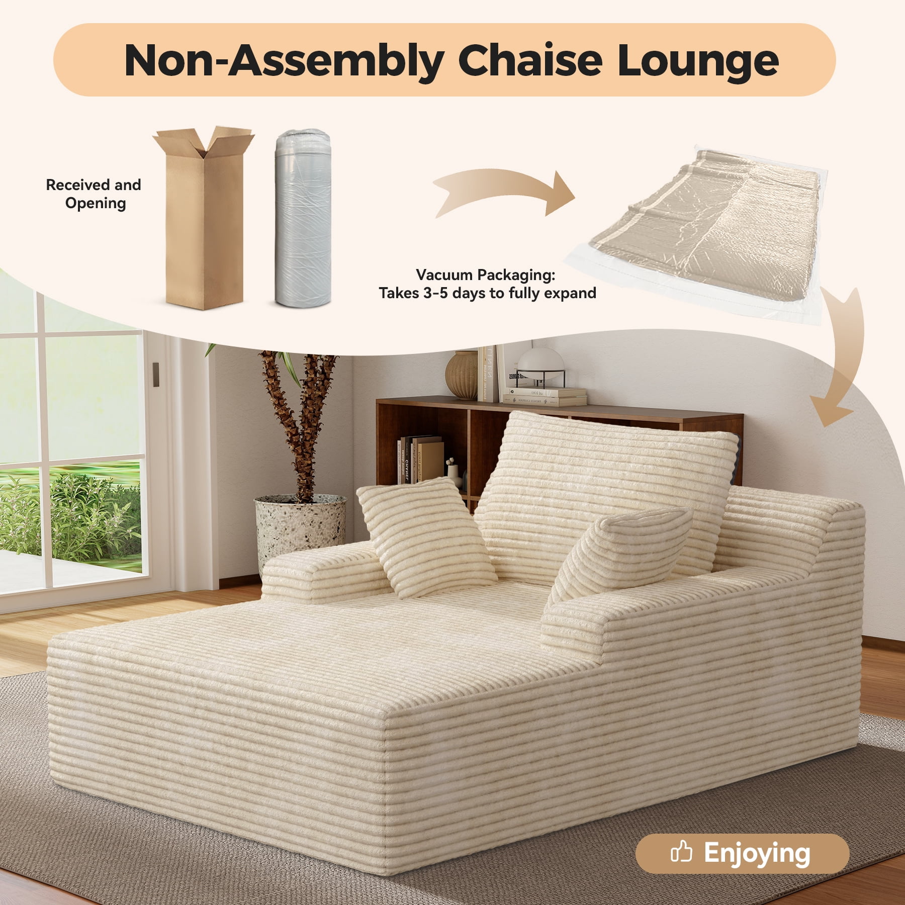 MOONMISS 68" Oversize Chaise Lounge Chair Indoor,Comfy Non-assembly Sofa Couches With 3 Pillows,Khaki