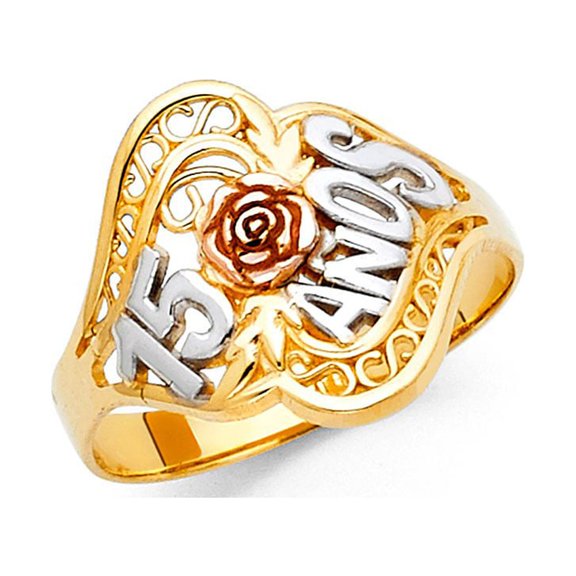 14k Tri Color Italian Gold Classic Oval Flower 15 Años Ring 15mm