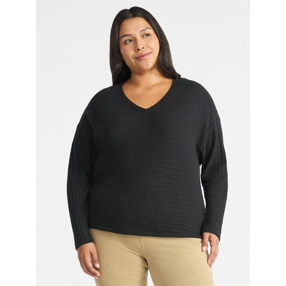 Time and Tru Women's Ribbed Hacci Knit V Neck Top with Long Sleeves, Sizes XS-XXXL