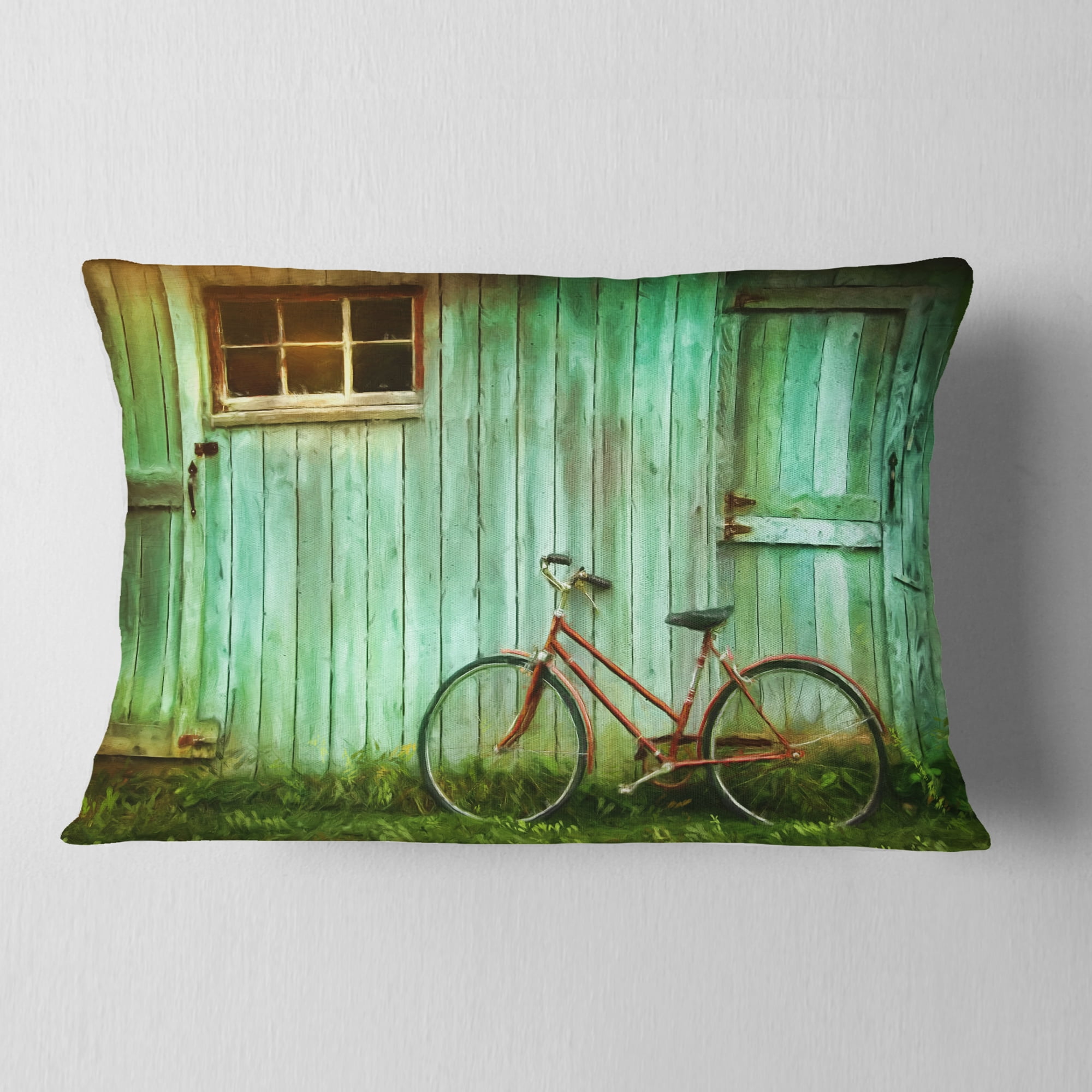 Designart Old Bicycle against Barn - Landscape Photo Throw Pillow - 12x20