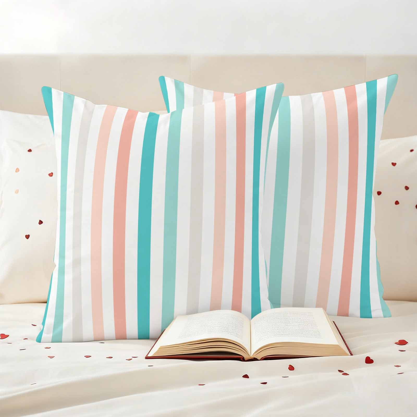 Aqua Teal Stripe Outdoor Waterproof Pillow Covers, Geometric Grey White Vertical Striped Decorative Square Throw Pillowcase Sofa Cushion Sham for Patio/Couch/Chair, 18"x18" 2 Pack