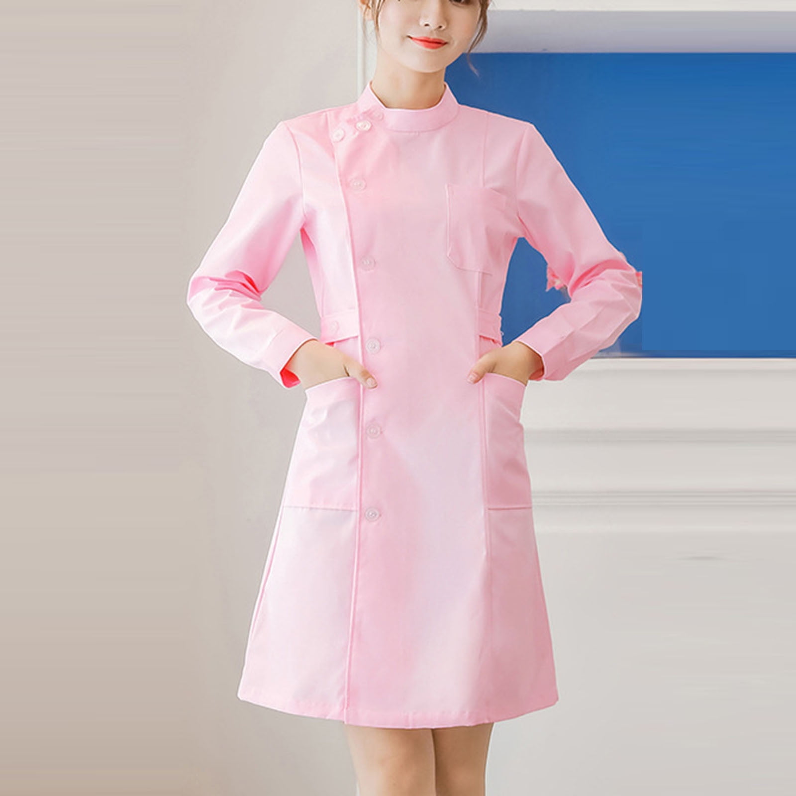 WULMLEO Nurse Scrubs Dress for Women Formal Lapel Neck Long Sleeve Button Down Work Dress Comfy Nursing Uniform Pink L