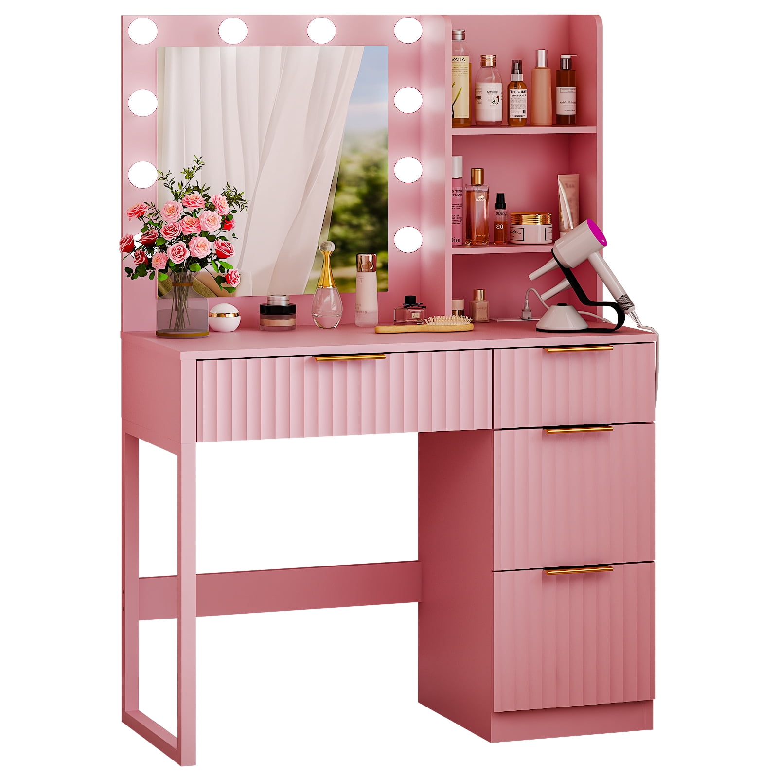 4-Drawer 2-Shelf Dressing Table with 10 Tri-Color Light Bulbs Particleboard with Textured Melamine Finish Power Strip and Dressing Table Grille-Finish Dressing Table, 33.46*15.75*29.53in, Pink