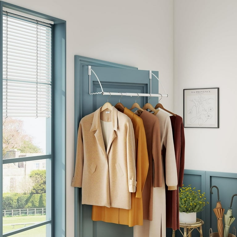 Over the Door Hanger Expandable Adjustable Over Door Clothes Hanger Rack for Towel Coat Bathroom Over Door Clothes Rack Hooks for Bedroom Washroom Fits Doors up to 1 Metal White