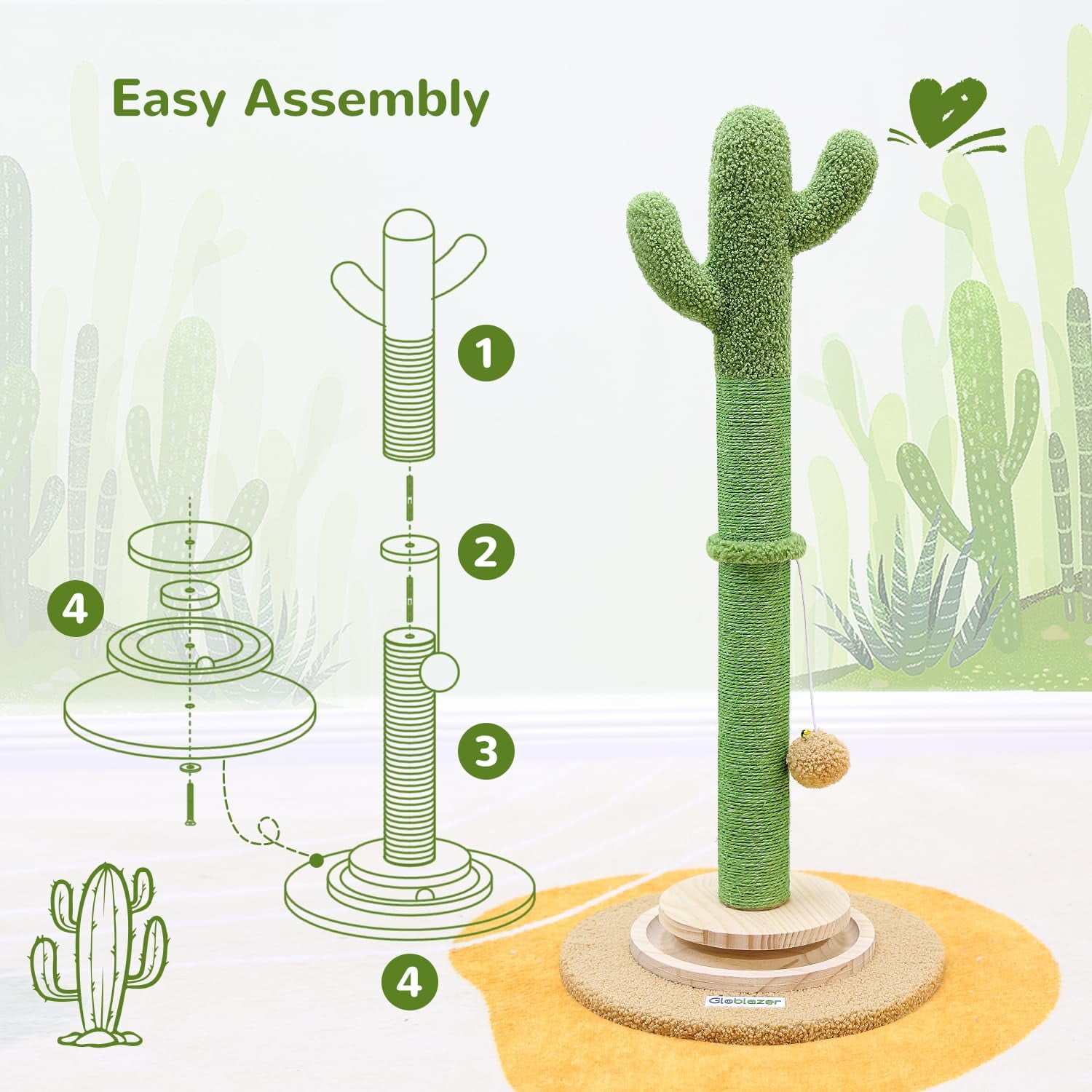 Tall Scratching Post for Cats, Cactus Cat Scratching Post Cat Scratcher Cute Sisal Large Cat Scratching Post with Modern Wooden Ball Tracking Interactive Toys, SC30