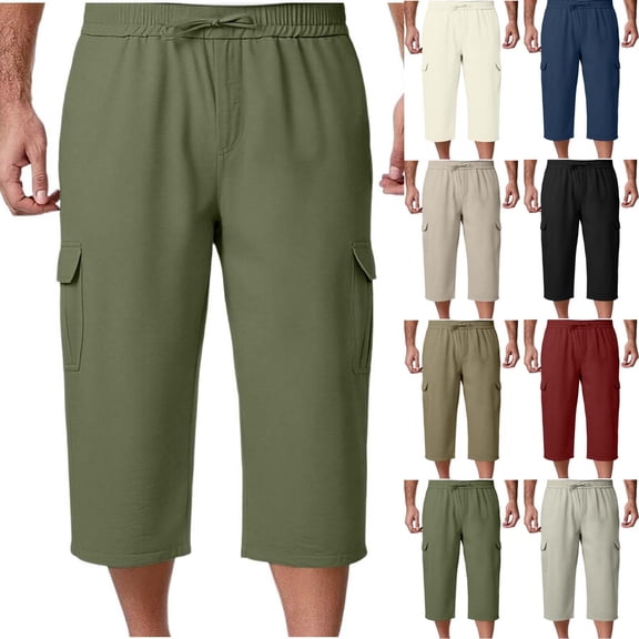 Bovxnpu Mens Capris Pants Beach Loungewear Pants Men Cargo 7 Pants Solid Elastic Waist Drawstring Side Pockets Casual Pants
