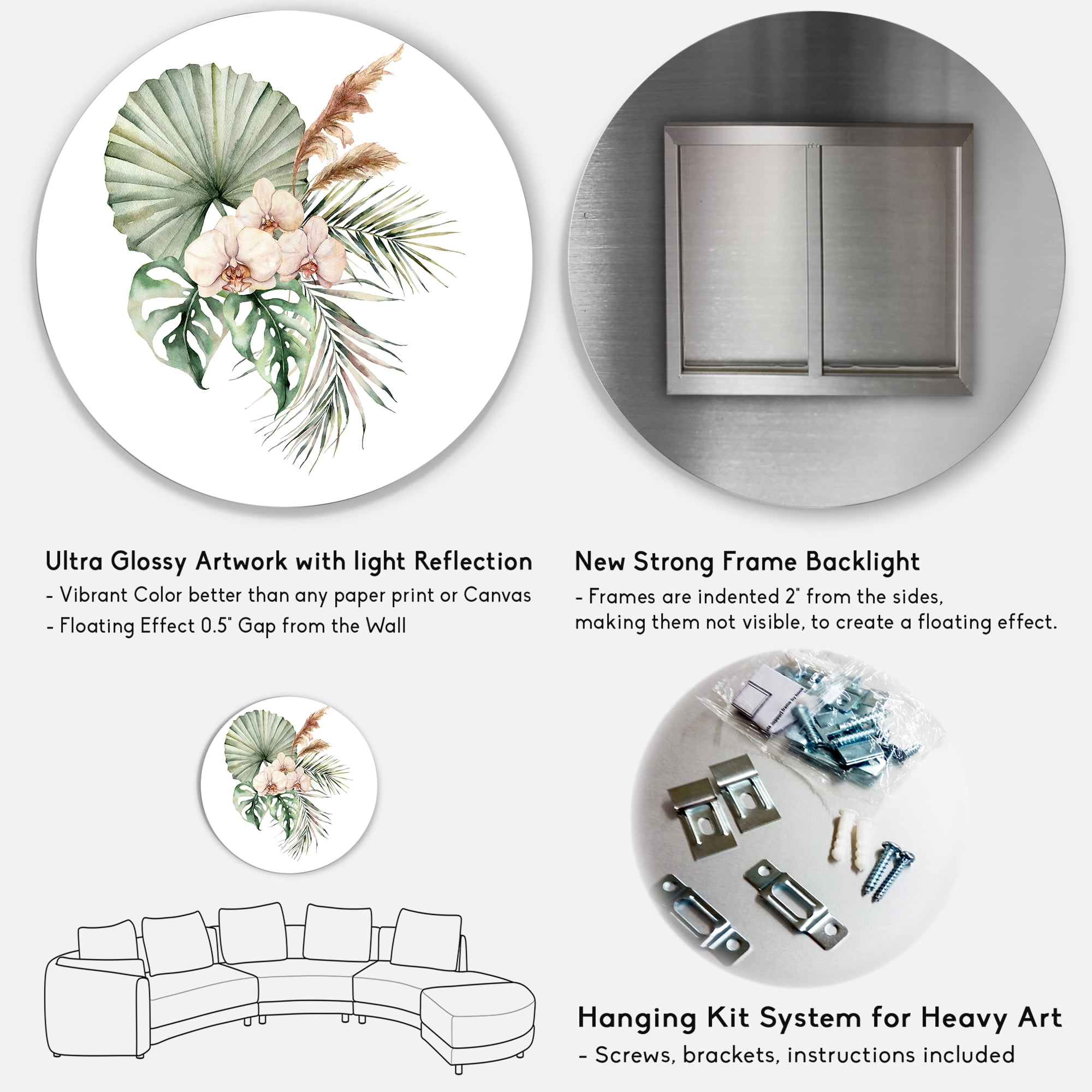 Designart 'Tropical Bouquet With Palm Orchids Leaves' Traditional Circle Metal Wall Art 29x29 - Disc of 29