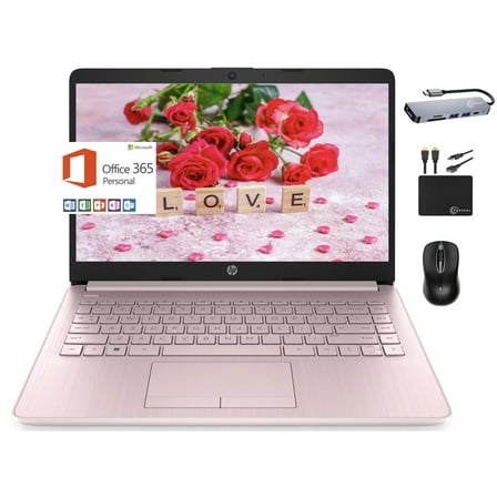 HP Newest 14" HD Portable Laptop Student Business, Quad-Core Intel N4120, 8GB RAM, 192GB (64GB eMMC 128GB Card), Webcam, Wi-Fi, Long Battery, Windows 11S   1 Year Office 365 MarxsolAccessory, Pink