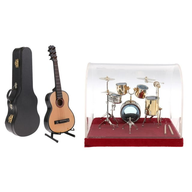 Esquirla Ensemble de Batterie Miniature en Cuivre & Modèle de Guitare en Bois Instrument de Musique de Collection