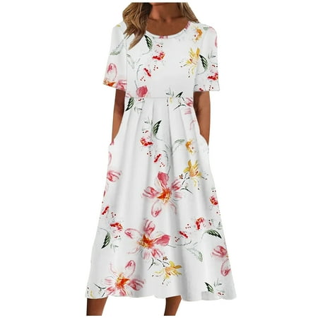 

jsaierl Womens Summer Dress 2023 Beach Print Dress Cute Short Sleeve Midi Dress Loose Crew Neck Boho Dress