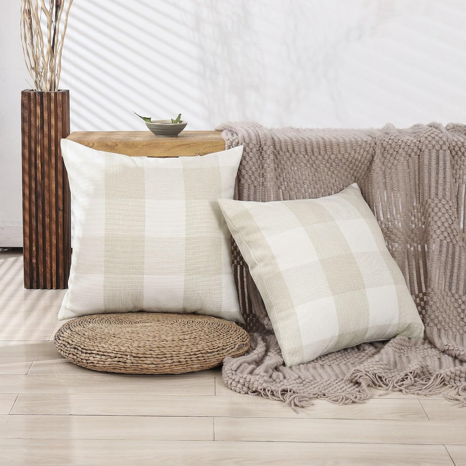 Beige Cream White 20x20 Outdoor Throw Pillow Covers Set of 2 Buffalo Plaid Farmhouse Pillow Covers 20 x 20 Inches, Boho Plaid Decor for Outdoor Patio and Yard