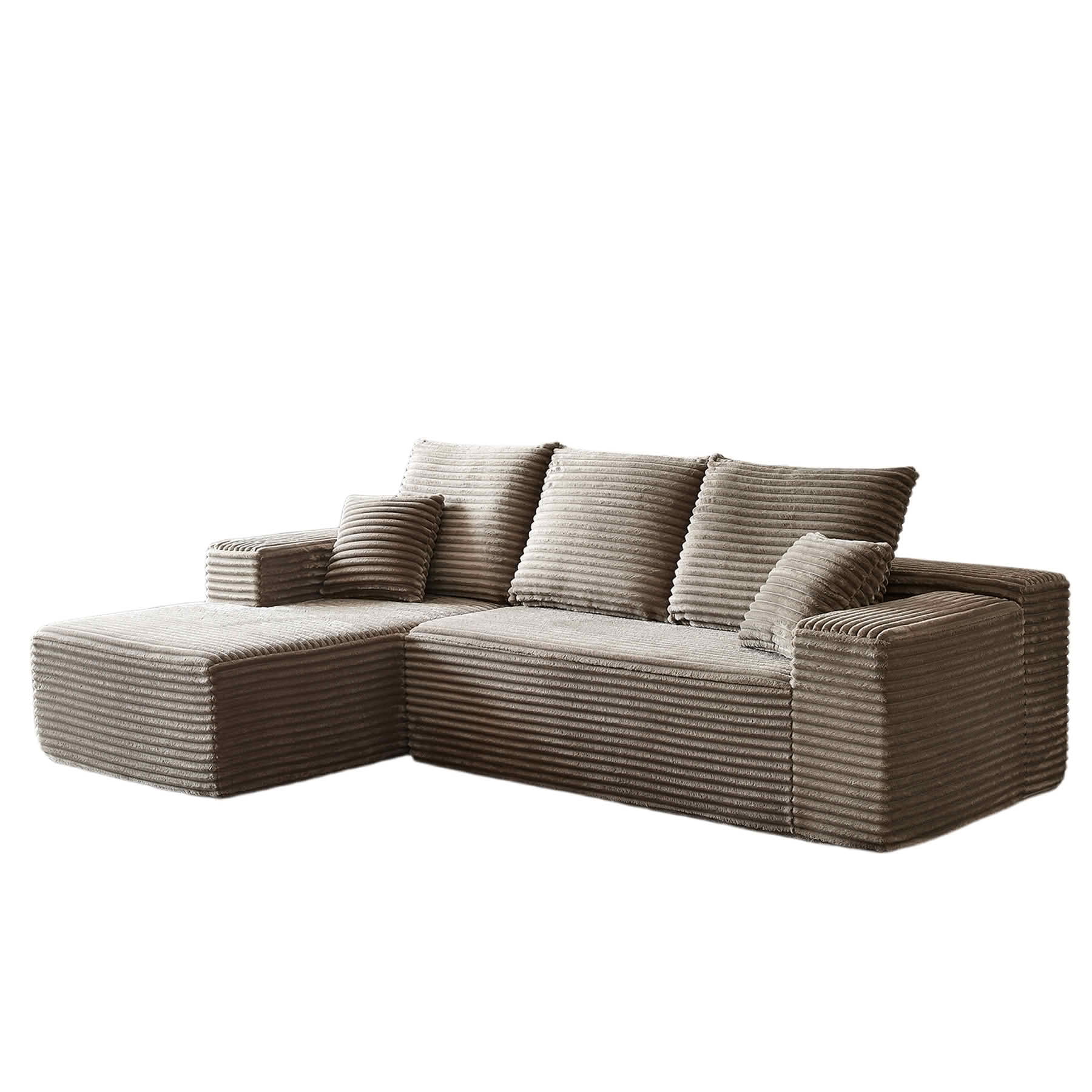 MAYEERTY 107-Inch Brown Faux Rabbit Hair Corduroy 6-Seat L-Shaped Modular Cloud Sofa, Minimalist Deep Seat Sleeper Sectional with Recliner, No Assembly Required