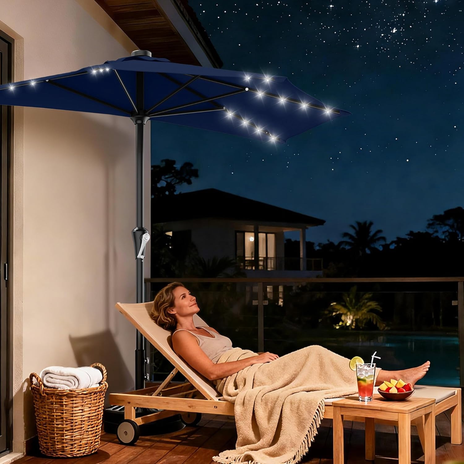 9ft Patio Half Umbrellas with Solar Lights, 1/2 LED Half Outdoor Umbrella w/ 20 LED Lights, Lighted Table Wall Umbrella with Crank & 5 Sturdy Ribs for Market, Pool, Deck, Lawn and Garden, Navy