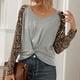 thumbnail image 5 of Top de camiseta informal de manga larga con cuello en V y hombros descubiertos con retazos de leopardo para mujer de otoño e invierno Pompotops FGAJ14233, 5 of 6