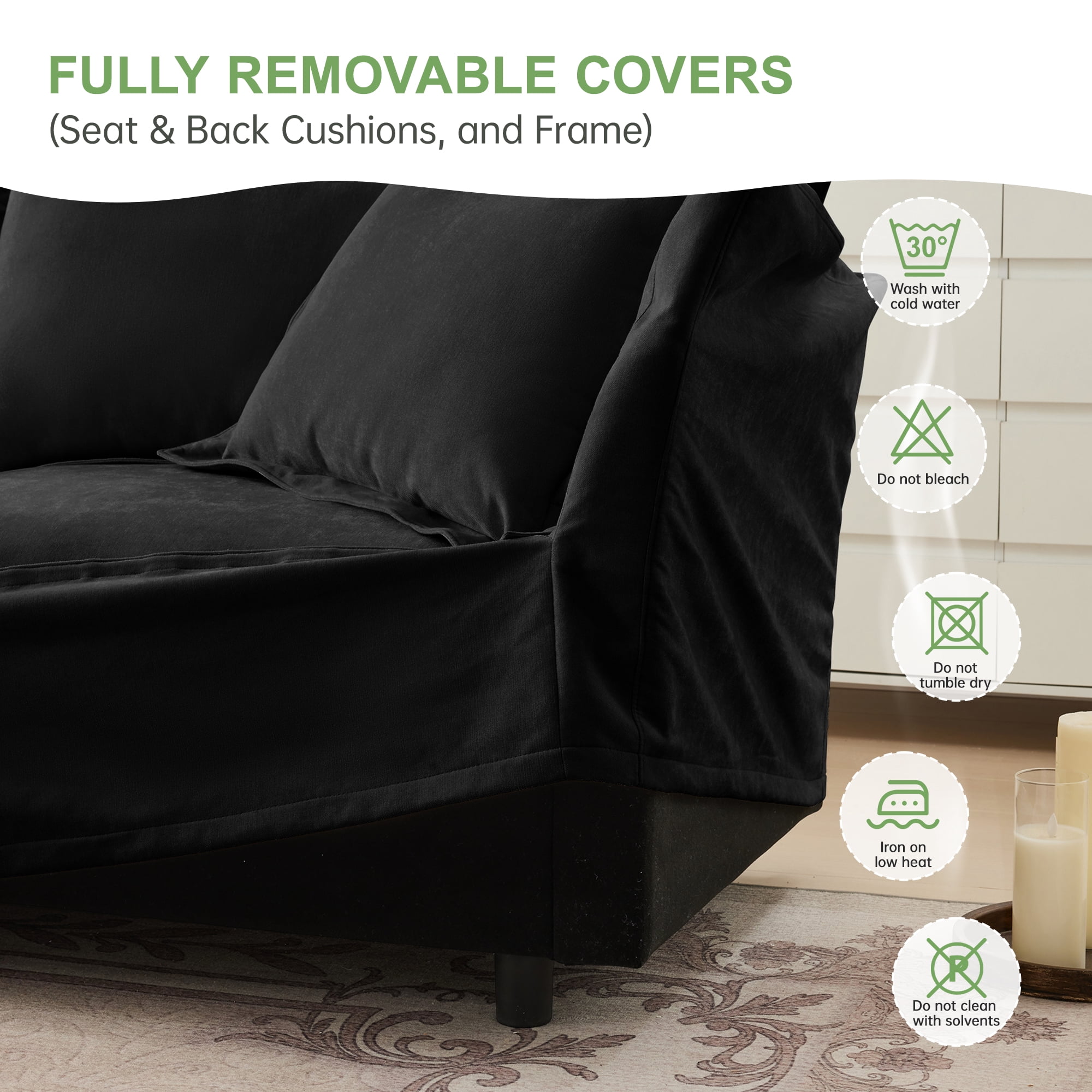 Gewnee Chenille Black Deep Seat Oversized Slipcovered Long 4 Seater Sofa with Removable Cover, Comfy Sofa for Living Room