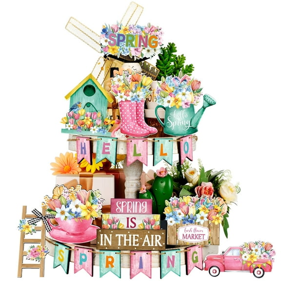 XIBUFE 2026 New Spring Flower Tiered Tray Decor Wooden Table Decor Rustic Spring Flower Tulip Decor Easter Decor for Home Farmhouse Rustic Spring Decorations