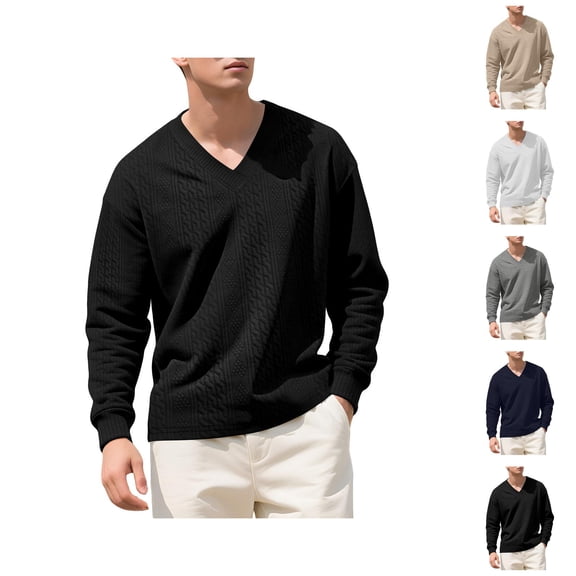 Sweatshirts for Men 2026 Fall Winter Long Sleeve Plain V Neck Jacquard Knitted Sweatshirt Mens Pullover Top