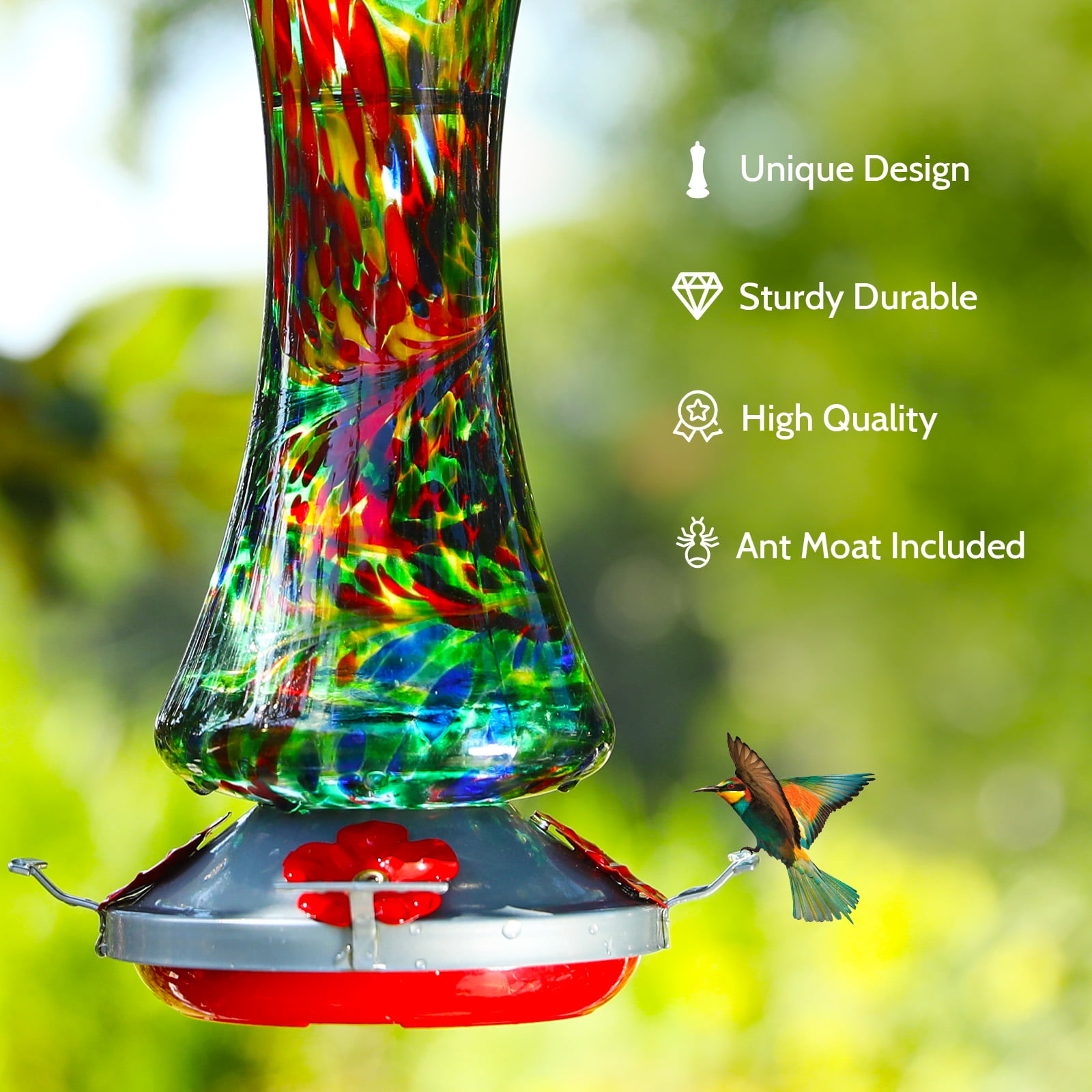 Birdkiss Hand-Blown Glass Hummingbird Feeder 16 oz for Garden Backyard Patio Decor with Ant Moat, Leak Proof & Rustproof, 5 Feeding Ports & 5 Perches