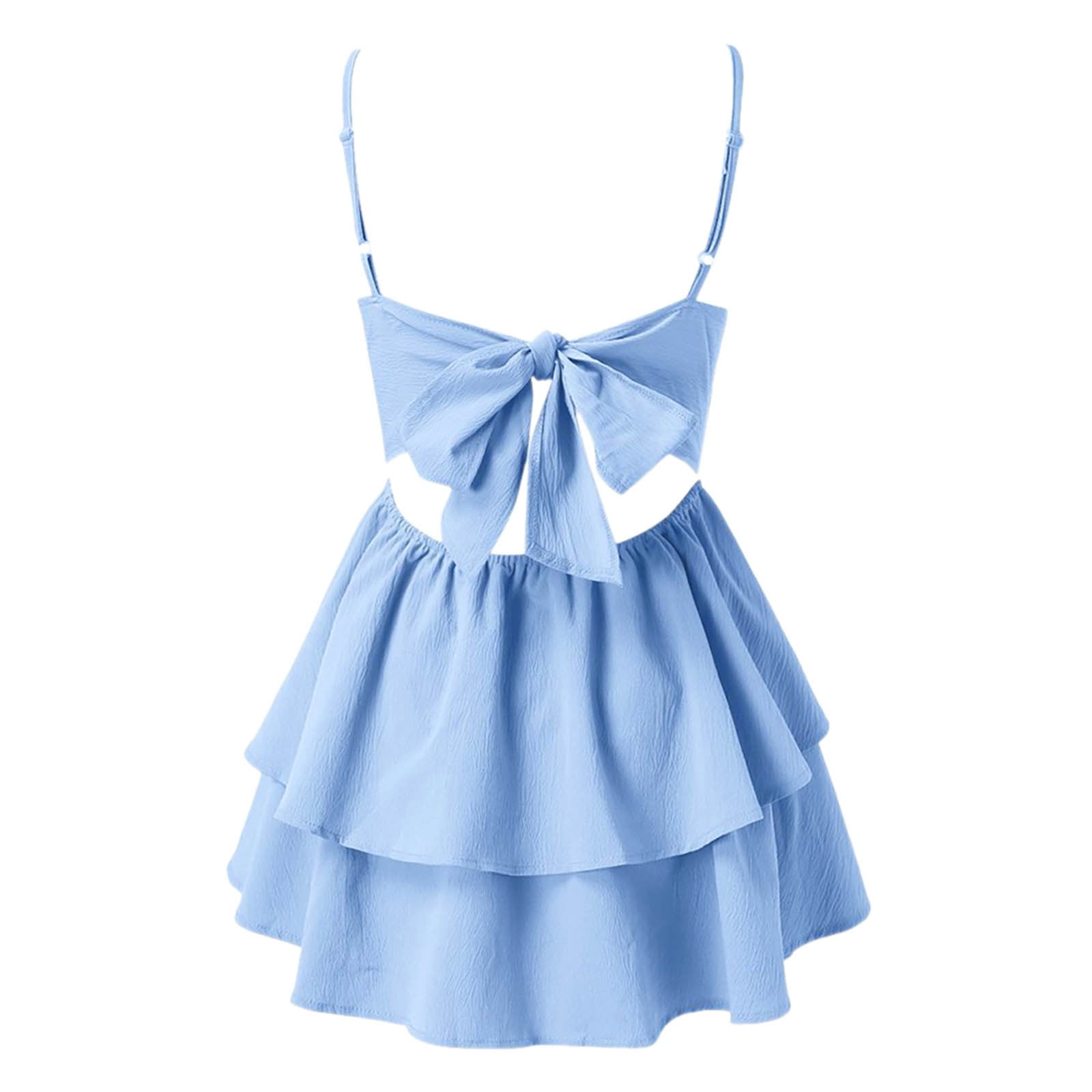 Luwomo Graduation Dresses for Women Summer Blue Sling With Square Neckline And Backless Bow Double Ruffle Hem lightweight Dress Blue L