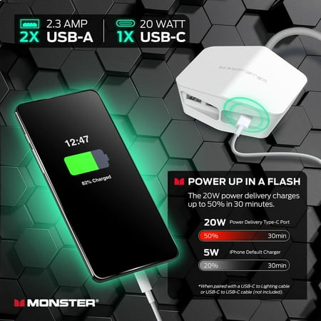 Monster - Power Center Vertex boasts  6 Outlet/2 USB-A port/20W USB-C 3000 Joules Surge Protector - White
