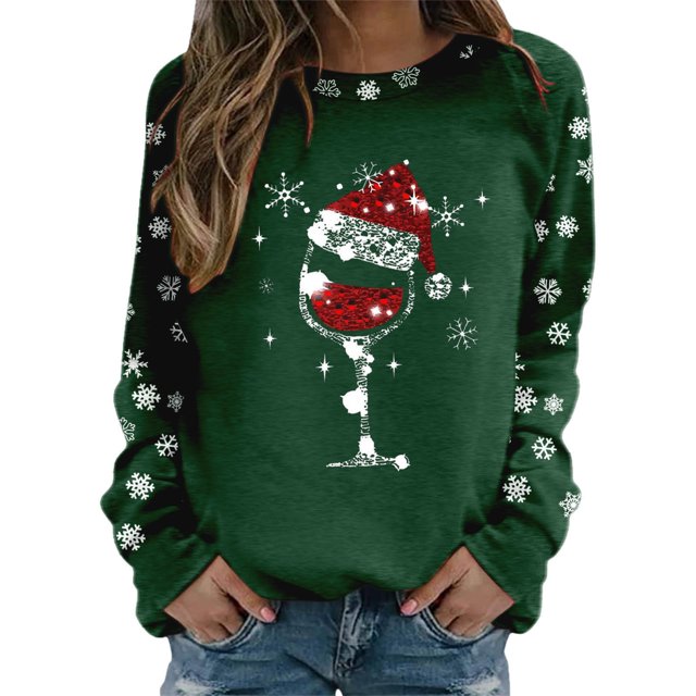 Gibobby Sudaderas navideñas Blusa holgada con cuello redondo y estampado de Navidad para mujer, camisetas de entrenamiento de manga larga a la moda(Verde,M)