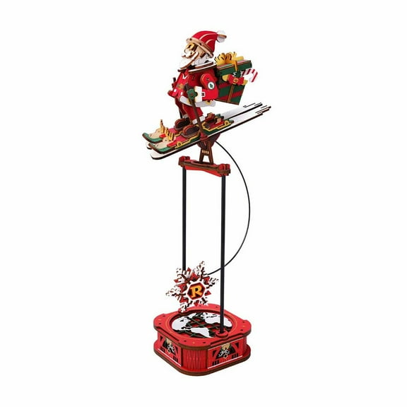 ROKR Santa on Skis Pendulum Balance Xmas DIY Toy 3D Puzzle Wooden Model Building Kits Toys for Adult Gifts,Red & Green