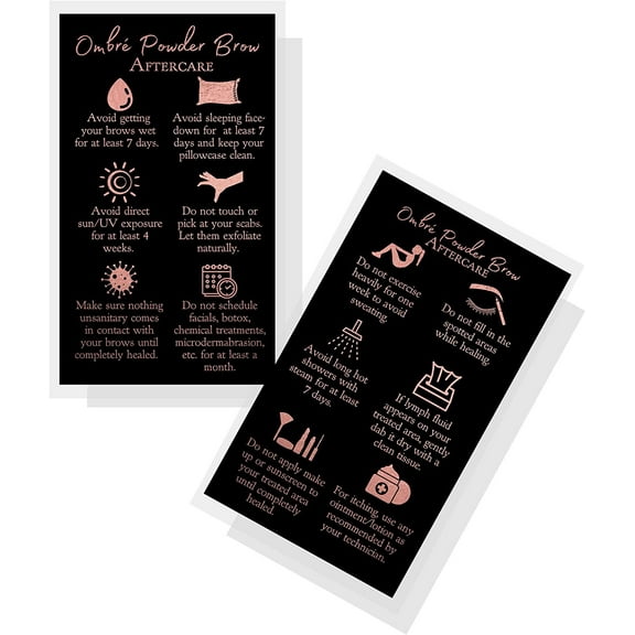 Ombre Powder Brow Aftercare Instructions Card  50 Pack 2x3.5" inches Business Card Size  PMU Black with Non-Metallic Rose Gold Foil Design