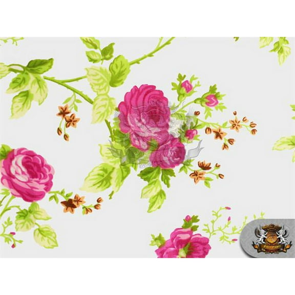 Polycotton Printed ROSES VINES FUCHSIA Fabric / 60" Wide / Sold by the Yard