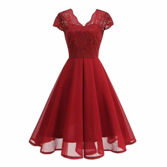 QQAMB Women's Cocktail Dresses Wedding Guest Party V-Neck Short A-Line Flowy Dress with Lace Sleeve Semi Formal Dress Red S