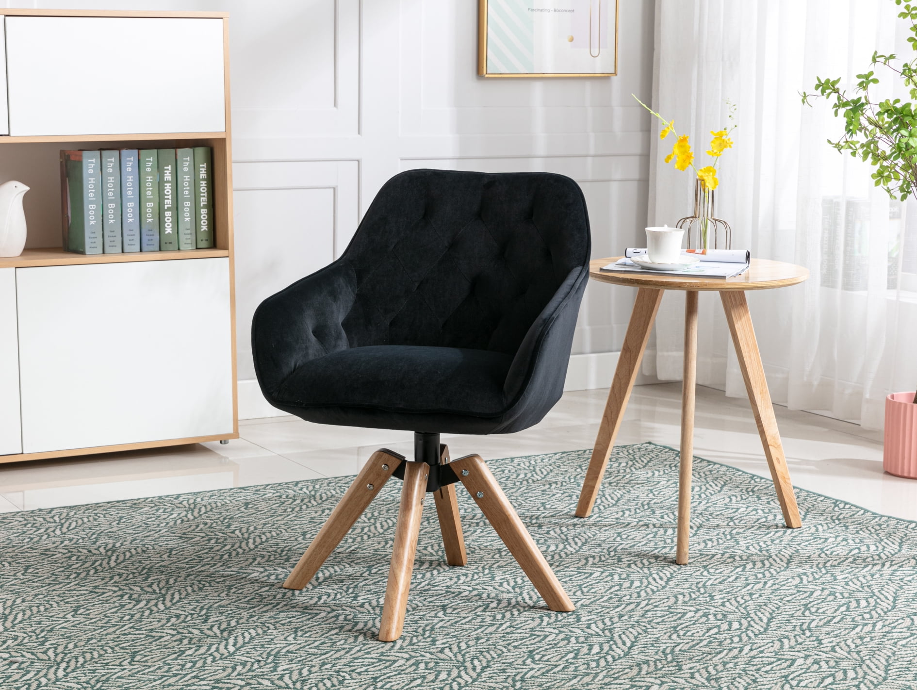 Modern Swivel Accent Chair with Rubber Wood Legs, Upholstered Desk